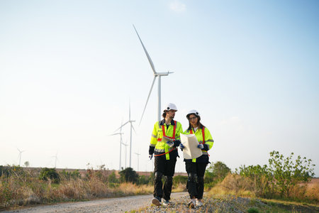 engineer woman and engineer man working on construction site with wind turbinesの写真素材
