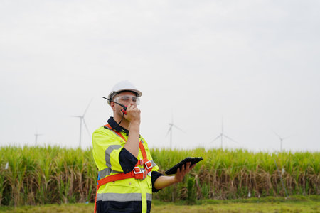 Engineer working at alternative renewable wind energy farm - Sustainable energy industry concept