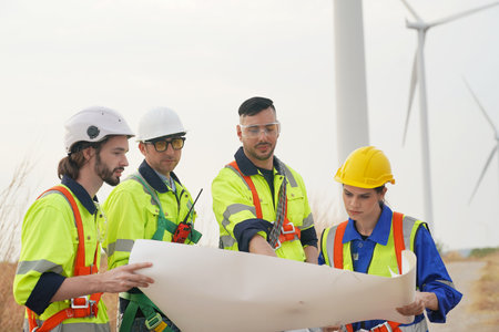 Engineer working at alternative renewable wind energy farm - Sustainable energy industry conceptの写真素材