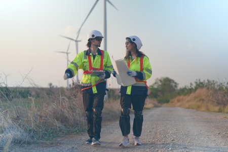 Engineer working at alternative renewable wind energy farm - Sustainable energy industry conceptの写真素材