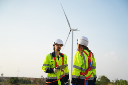 Engineer working at alternative renewable wind energy farm - Sustainable energy industry conceptの写真素材