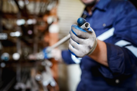 Lathe Operators Concentrated on Work. Worker in uniform and helmet works on lathe, factory. Industrial production, metalwork engineering, manufacturing.の写真素材
