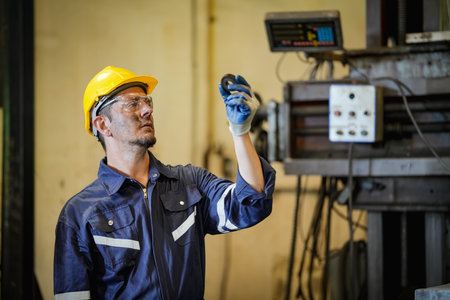 Lathe Operators Concentrated on Work. Worker in uniform and helmet works on lathe, factory....