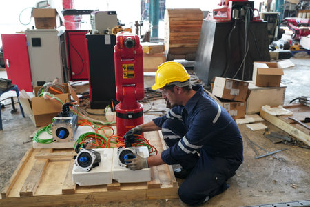 Male technician programs a robot arm with a digital tablet and assembly robot in a factory....