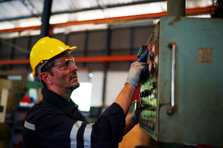 Lathe Operators Concentrated on Work. Worker in uniform and helmet works on lathe, factory. Industrial production, metalwork engineering, manufacturing.の写真素材