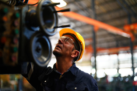 Lathe Operators Concentrated on Work. Worker in uniform and helmet works on lathe, factory....
