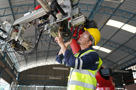 Male technician programs a robot arm with a digital tablet and assembly robot in a factory....
