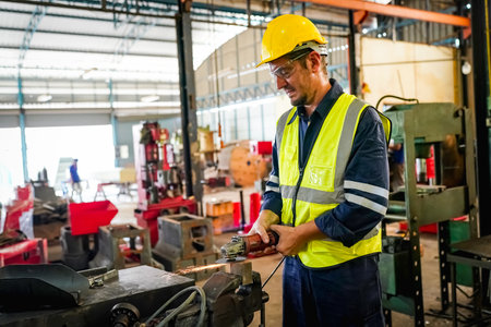 Lathe Operators Concentrated on Work. Worker in uniform and helmet works on lathe, factory....