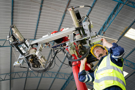 Male technician programs a robot arm with a digital tablet and assembly robot in a factory....