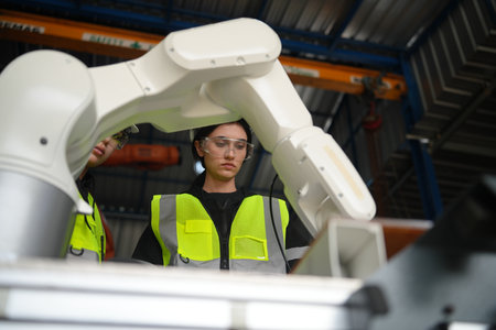 Robotic Arm engineer check on equipment in its with software  of an Artificial Intelligence Computer Processor Unit.High Tech Robotic Arm with an Artificial Intelligence Computer Processor Unit in its.の写真素材