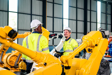 technician programs a robot arm with a digital tablet and assembly robot in a factory. Apprentice...
