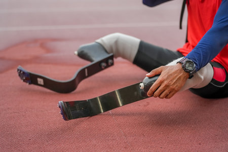 Athlete runner with prosthetic legs at track stadiumの写真素材
