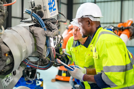 technician programs a robot arm with a digital tablet and assembly robot in a factory. Apprentice...