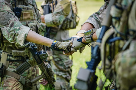 United States Army ranger during the military operation. Professional marine soldiers training with weapon on a military range.の写真素材