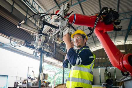Portrait of confident factory worker using robotic arm in a factory workshop