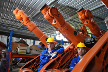 Robotic Arm engineer check on equipment in its with software  of an Artificial Intelligence Computer...