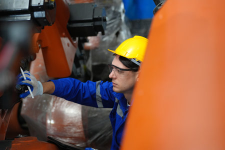 Robotic Arm engineer check on equipment in its with software  of an Artificial Intelligence Computer...