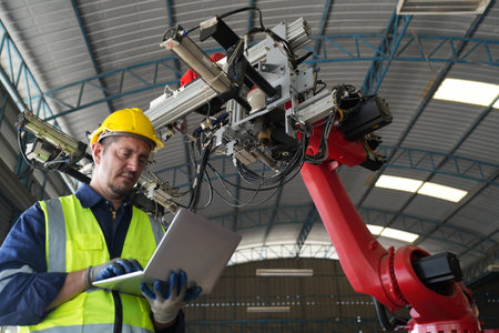 Engineer using a laptop computer in a factory with a robot arm