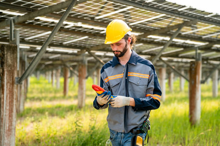Engineer hand is installing and checking an operation of sun and cleanliness of photovoltaic solar panels, Engineer with energy measurement tool photovoltaic modules for renewable energyの写真素材