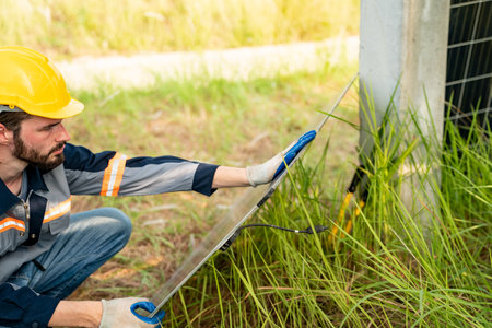 Engineer hand is installing and checking an operation of sun and cleanliness of photovoltaic solar panels, Engineer with energy measurement tool photovoltaic modules for renewable energyの写真素材