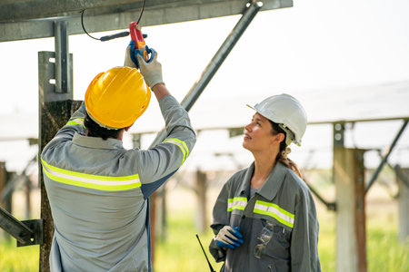 Engineer hand is installing and checking an operation of sun and cleanliness of photovoltaic solar panels, Engineer with energy measurement tool photovoltaic modules for renewable energyの写真素材
