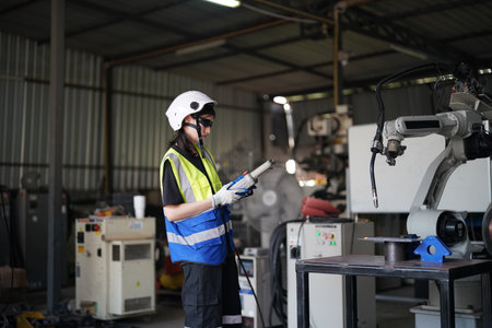 Robotics engineer working on maintenance of robotic arm in factory warehouse. Business technology.の写真素材