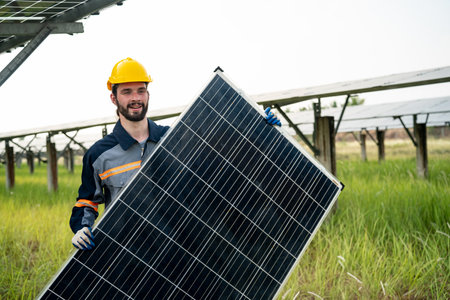 Engineer hand is installing and checking an operation of sun and cleanliness of photovoltaic solar panels, Engineer with energy measurement tool photovoltaic modules for renewable energyの写真素材