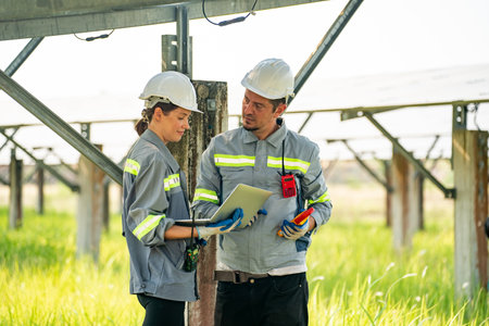 Engineer hand is installing and checking an operation of sun and cleanliness of photovoltaic solar panels, Engineer with energy measurement tool photovoltaic modules for renewable energyの写真素材