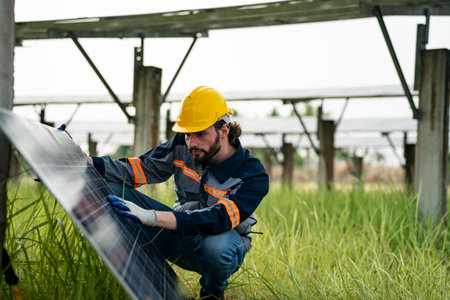 Engineer hand is installing and checking an operation of sun and cleanliness of photovoltaic solar panels, Engineer with energy measurement tool photovoltaic modules for renewable energyの写真素材