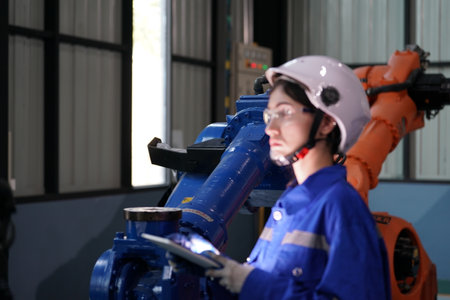 Robotics engineer working on maintenance of robotic arm in factory warehouse. Business technology.の写真素材