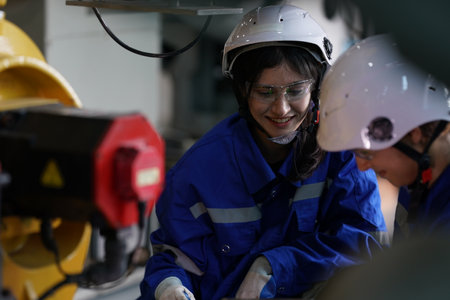 Robotics engineer working on maintenance of robotic arm in factory warehouse. Business technology.の写真素材