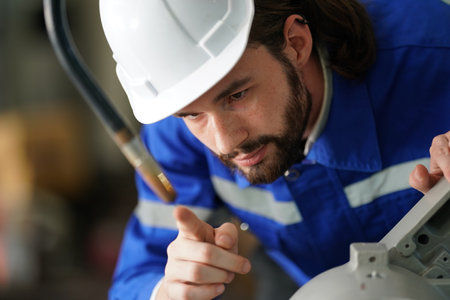 Robotics engineer working on maintenance of robotic arm in factory warehouse. Business technology.の写真素材