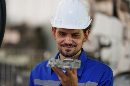 Robotics engineer working on maintenance of robotic arm in factory warehouse. Business technology.の写真素材