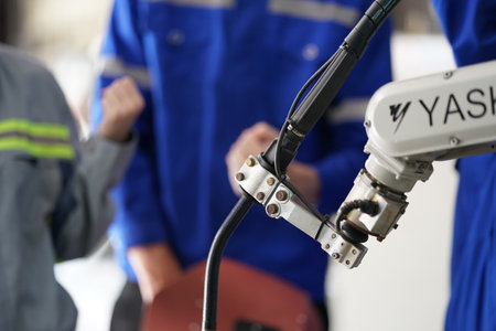 Robotics engineer working on maintenance of robotic arm in factory warehouse. Business technology.の写真素材