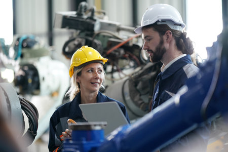Robotics engineer working on maintenance of robotic arm in factory warehouse. Business technology.の写真素材