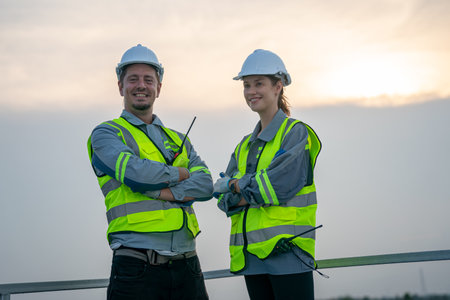 Engineer hand is installing and checking an operation of sun and cleanliness of photovoltaic solar panels, Engineer with energy measurement tool photovoltaic modules for renewable energyの写真素材