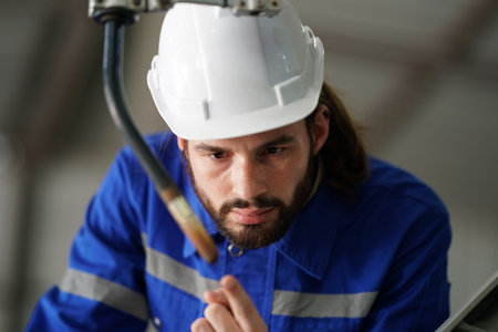 Robotics engineer working on maintenance of robotic arm in factory warehouse. Business technology.の写真素材