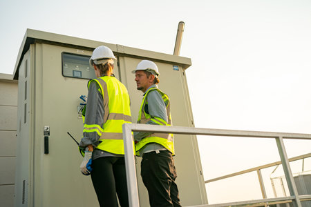 Engineer hand is installing and checking an operation of sun and cleanliness of photovoltaic solar panels, Engineer with energy measurement tool photovoltaic modules for renewable energyの写真素材