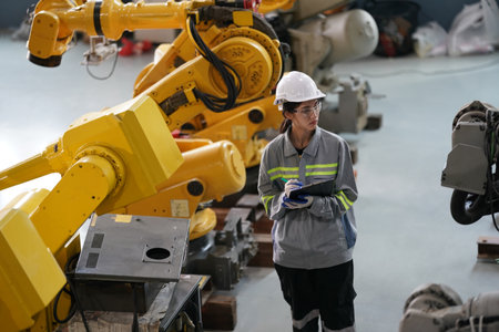 Portrait of female engineer standing in front of robotic arms in factoryの写真素材