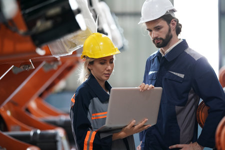 Robotics engineer working on maintenance of robotic arm in factory warehouse. Business technology.