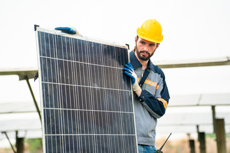 Engineer hand is installing and checking an operation of sun and cleanliness of photovoltaic solar...