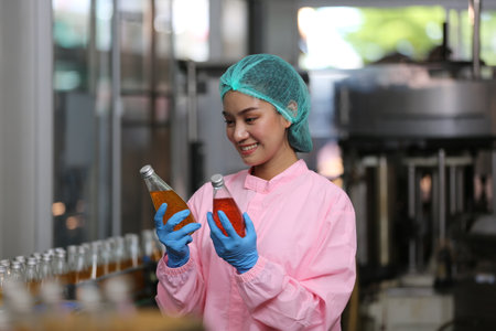 young asian female factory worker holding bottle of vegetable oil in factory