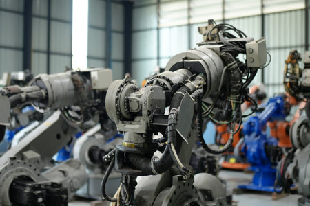 Robotics engineer working on maintenance of robotic arm in factory warehouse. Business technology.の写真素材