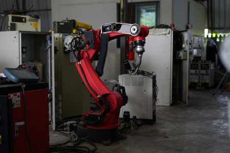 Robotics engineer working on maintenance of robotic arm in factory warehouse. Business technology.の写真素材