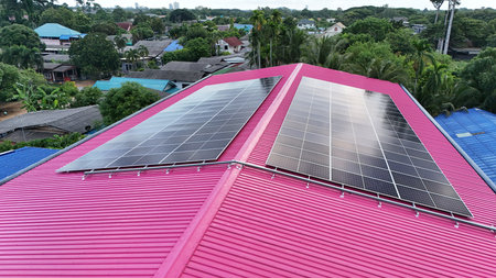 Solar panels on the roof of a house in the countryside of Thailand