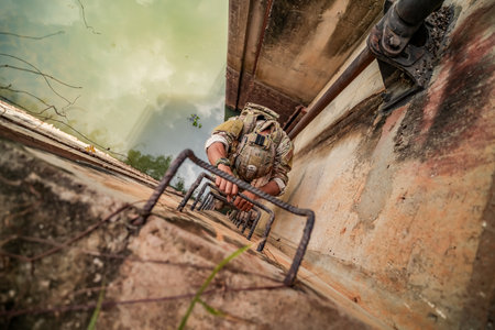 Soldier in military camouflage uniform is standing on the top of a rusty ladder