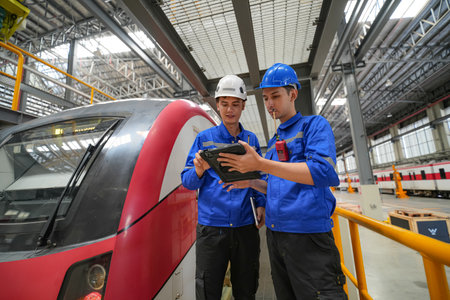 Workers checking the condition of the train in the train station.
