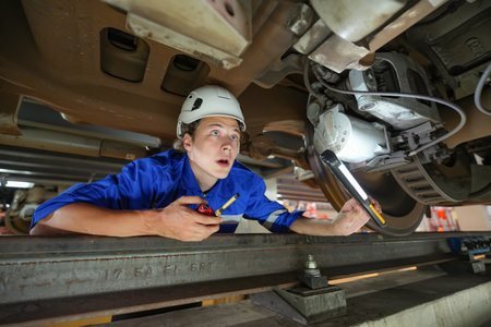 Portrait of a female technician repairing a car in a workshop.