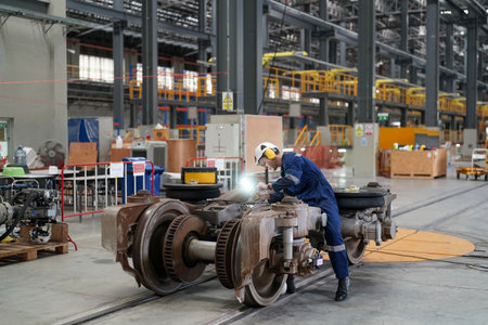 Industrial workers working on the production line of a large industrial plant