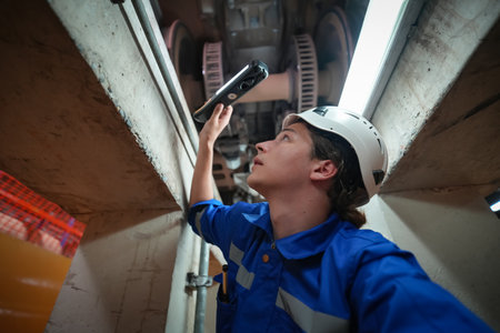 Young technician or repairman using a video surveillance camera in a building
